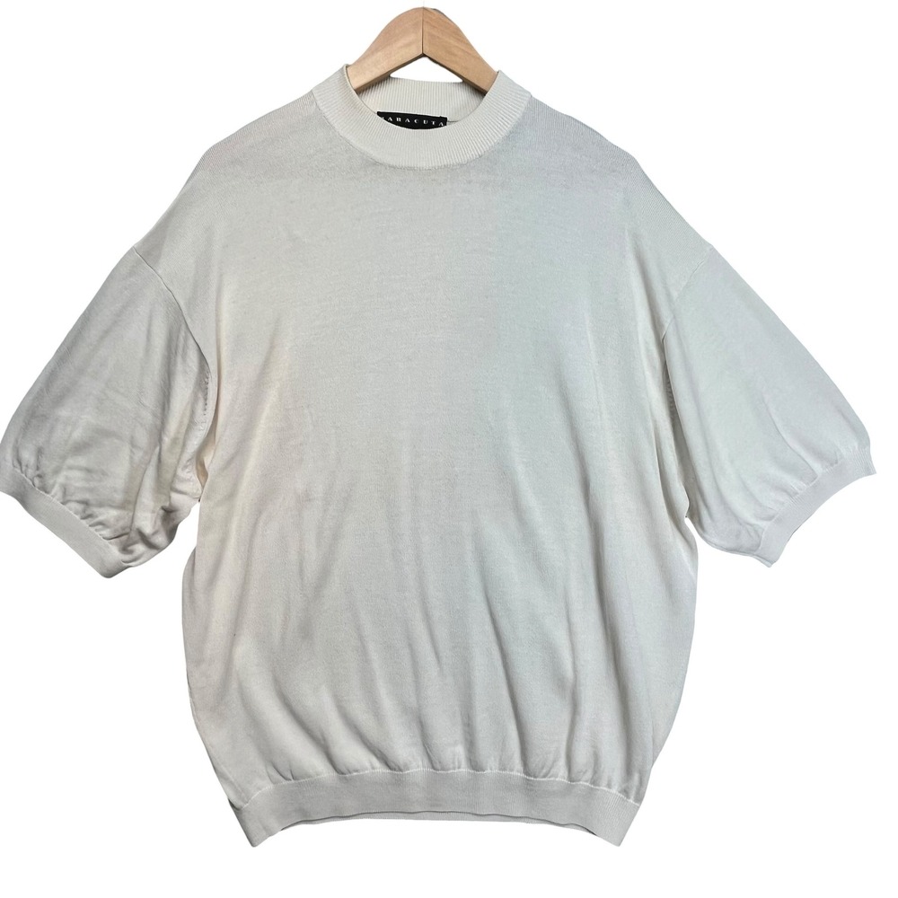 Baracuta Mens XL Silk Cotton Short Sleeve‎ Sweater Ivory Crew Neck Knit Top